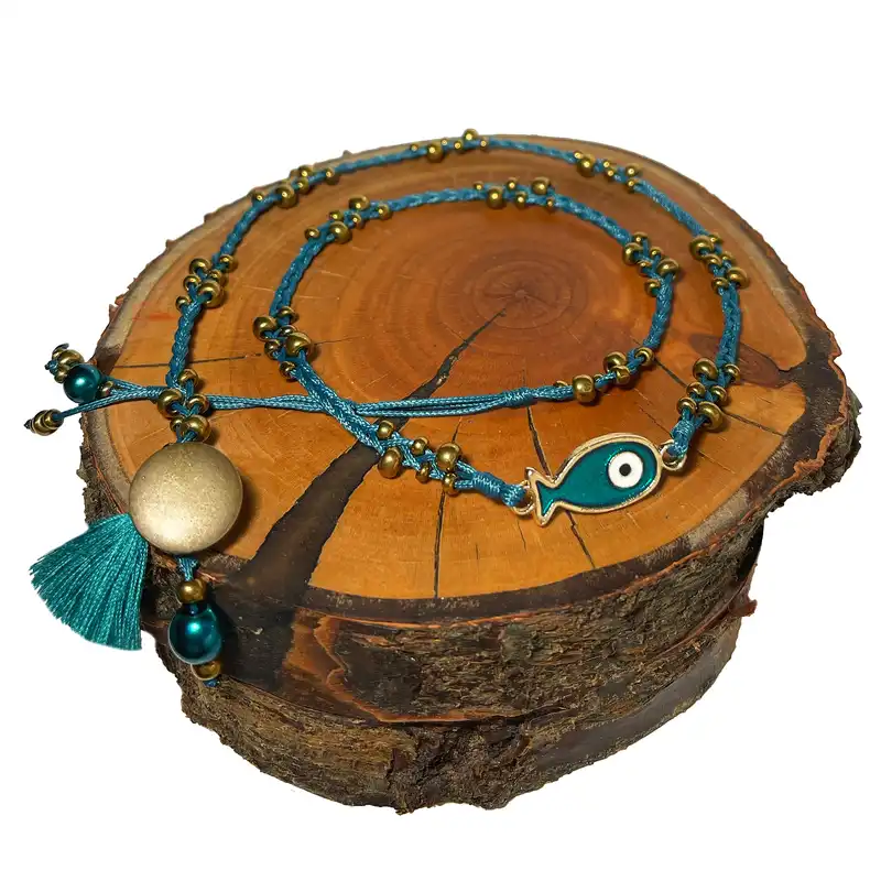 دستبند زنانه دل تافته مدل ماهی چشم نظر چرمی کد Dl_WB09