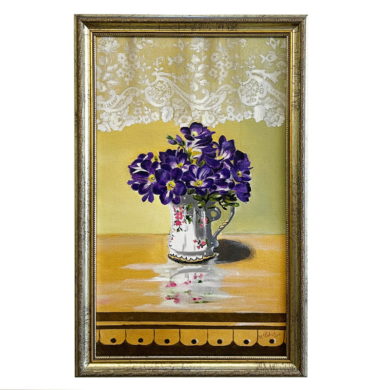 تابلو نقاشی رنگ روغن طرح گلدان و تور