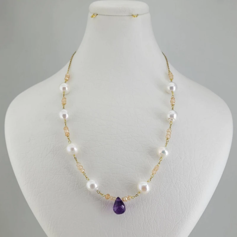 گردنبند زنانه مدل سنگ زیرکن و مروارید وآمیتیست کد 196