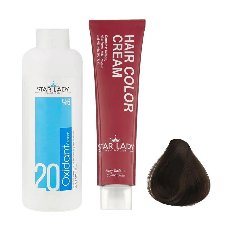 رنگ مو استارلیدی شماره 6.3 حجم 120 میلی لیتر رنگ بلوند زیتونی تیره به همراه اکسیدان استارلیدی مدل 20 شش درصدی حجم 180 میلی لیتر