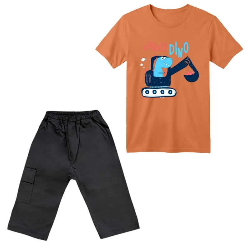 ست تی‌شرت آستین کوتاه و شلوارک پسرانه مدل دایناسور کد ۱۷