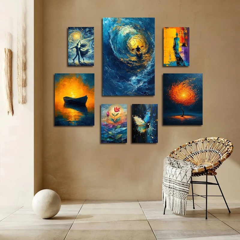 تابلو شاسی بکلیت طرح نقاشی رنگ روغن دریا و قایق مدل SH-3086 مجموعه 7 عددی