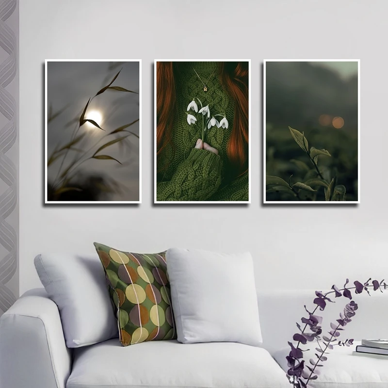 تابلو بکلیت طرح طبیعت و برگ سبز مدل شاین اکلیلی W-2416 مجموعه 3 عددی