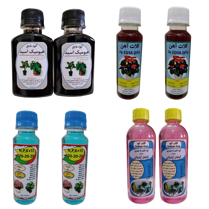 کود مایع مولتی کود گیاهان و کلات آهن و سه بیست و هیومیک مدل A حجم 120 میلی لیتر بسته 8 عددی