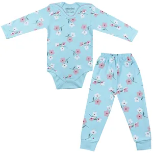 ست بادی آستین بلند و شلوار نوزادی مانینی مدل گلدار کد 2