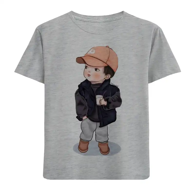 تی شرت آستین کوتاه بچگانه مدل پسرک کلاه نارنجی F703