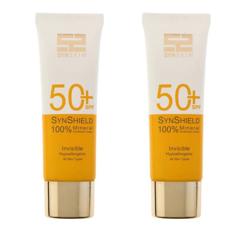 کرم ضد آفتاب بدون رنگ ساین اسکین SPF 50 مدل SYN Shield Mineral ‌محافظ UVA ،UVB، ضد حساسیت، مناسب انواع پوست‌ حجم 50 میلی‌لیتر مجموعه 2 عددی