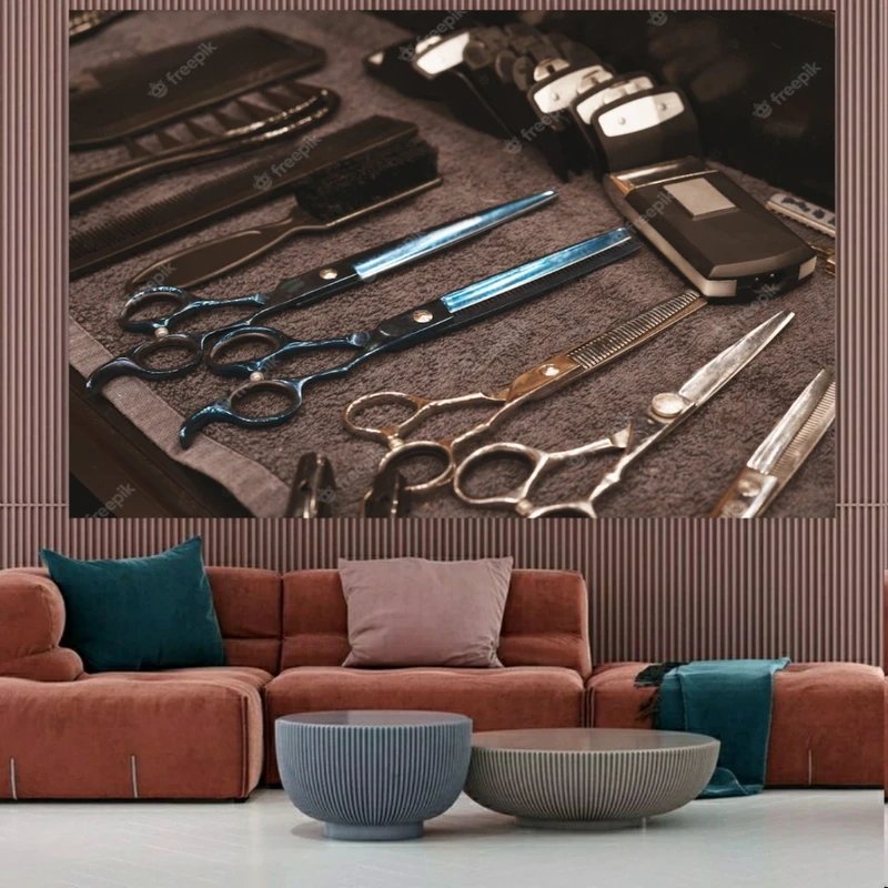 پوستر طرح چرم مخمل مدل پارچه ای طرح قیچی و شانه کدhm54