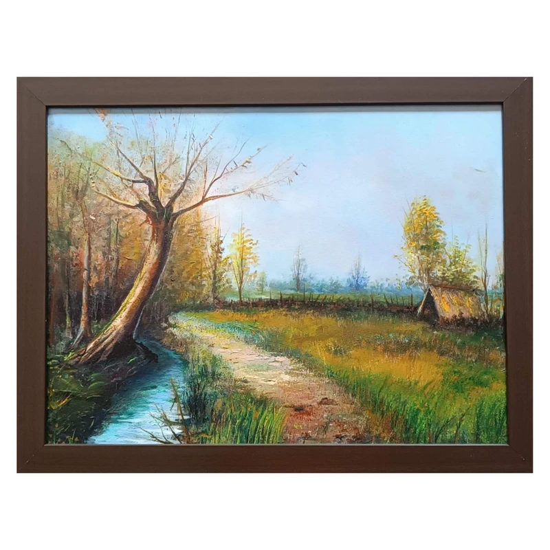 تابلو نقاشی رنگ روغن به سبک رئال طرح چشمه روستا