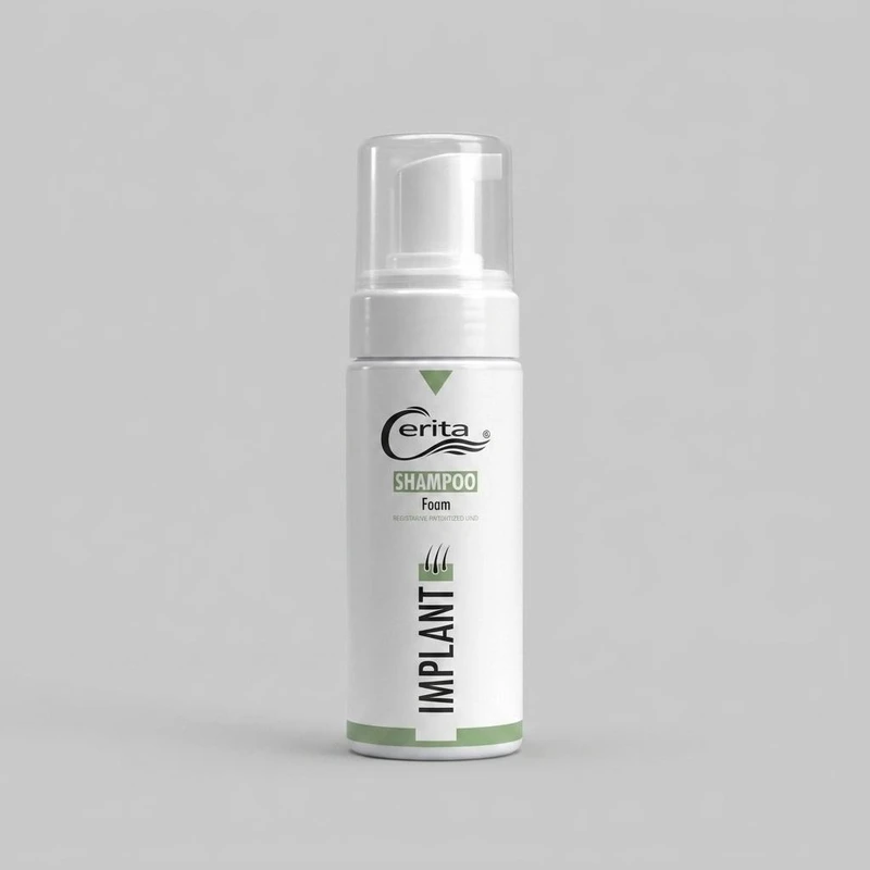 شامپو فوم پس از کاشت مو سریتا مدل Implant حجم 150 میلی‌لیتر، کاهش‌دهنده چربی، حاوی عصاره چای سبز و ریشه بابا آدم، افزایش استحکام ریشه مو و رفع التهاب پوست سر