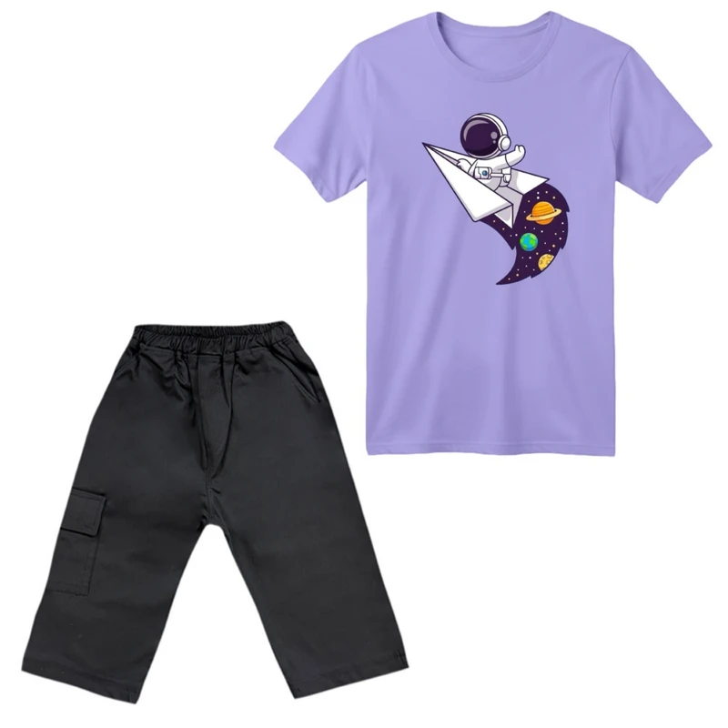 ست تی‌شرت آستین کوتاه و شلوارک پسرانه مدل فضانورد کد ۱۲