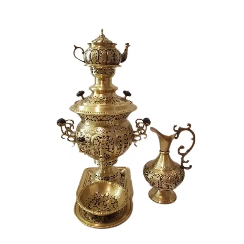 سرویس سماور ذغالی 5 پارچه برنجی مدل لبه دار