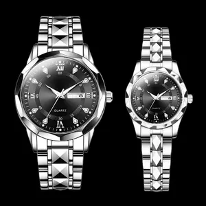 ست ساعت مچی عقربه‌ای زنانه و مردانه  مدل کوارتز الماسی دو تقویم کد 104