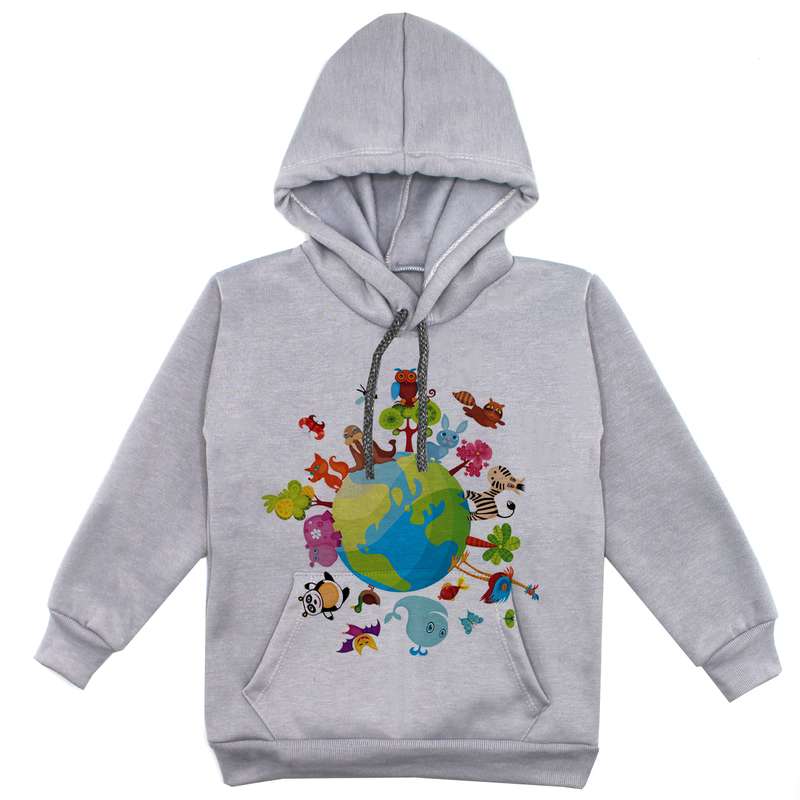 هودی پسرانه مدل کره زمین F21 رنگ طوسی