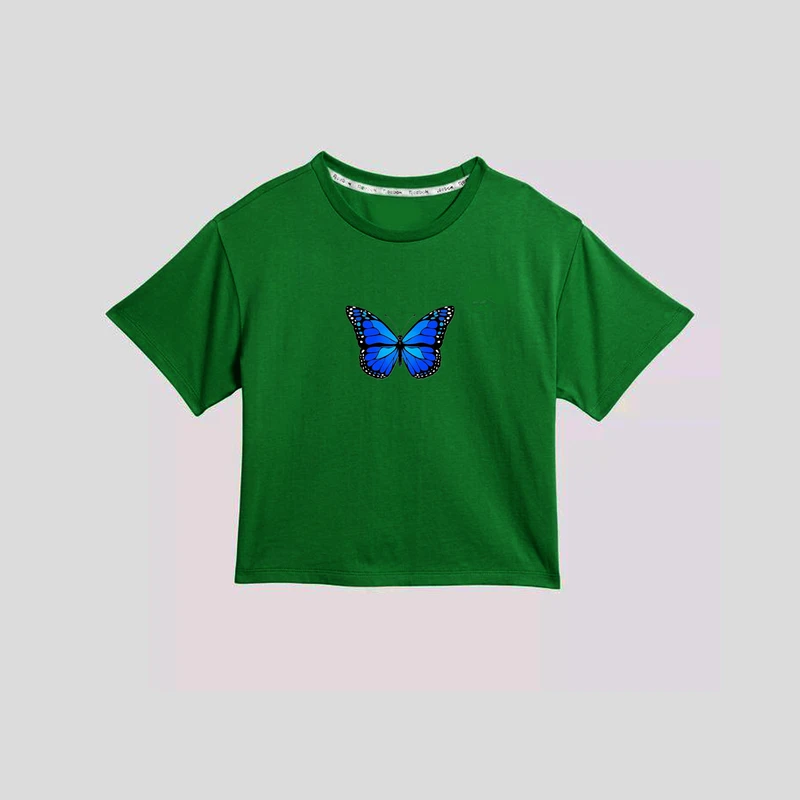 کراپ‌ تی‌شرت آستین کوتاه زنانه مدل C1 طرح پروانه