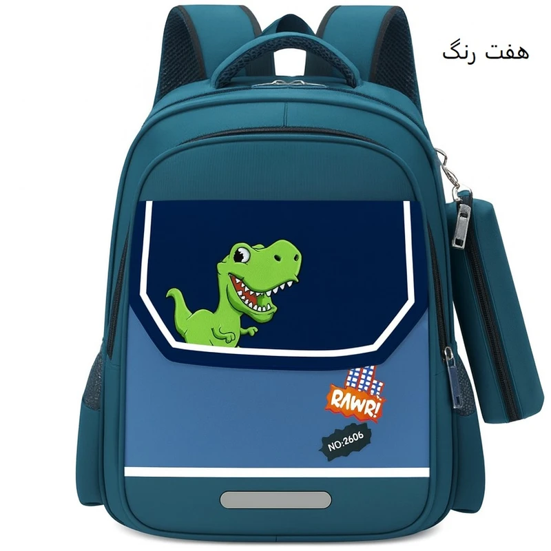 عکس شماره 4 : کوله پشتی مدرسه مدل دایناسور تیرکس به همراه جامدادی