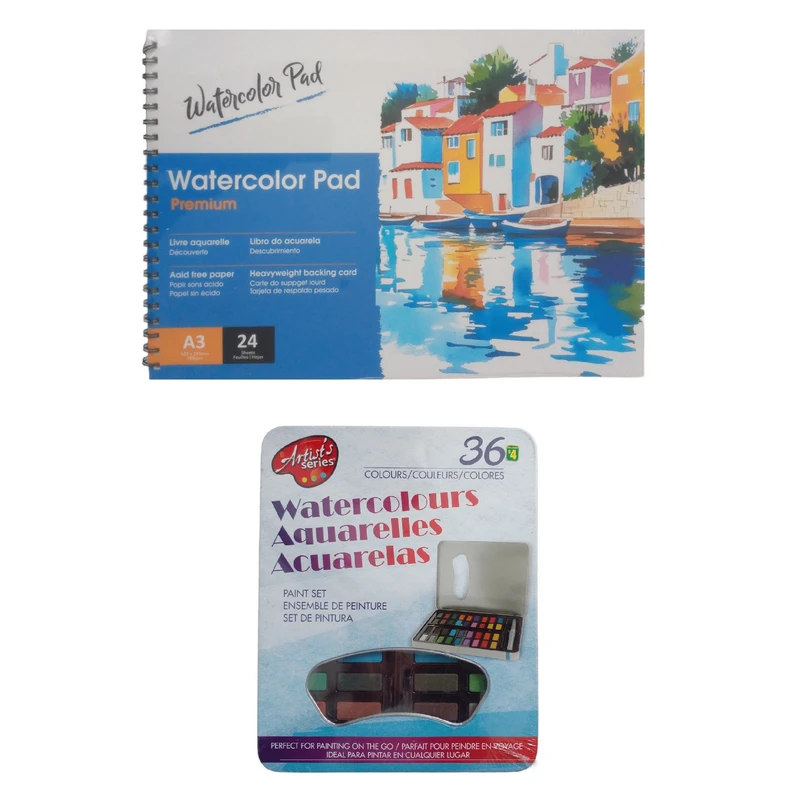 دفتر طراحی آبرنگ 24 برگ سیمی مدل Watercolor Pad Premium کد BL به همراه یک بسته آبرنگ