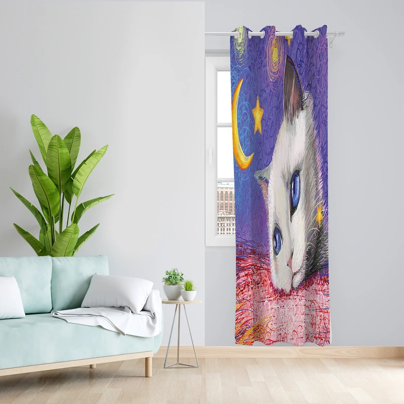 پرده طرح کودک گربه مدل مخمل پانچی کد 2489 z سایز 140x200 سانتی متر