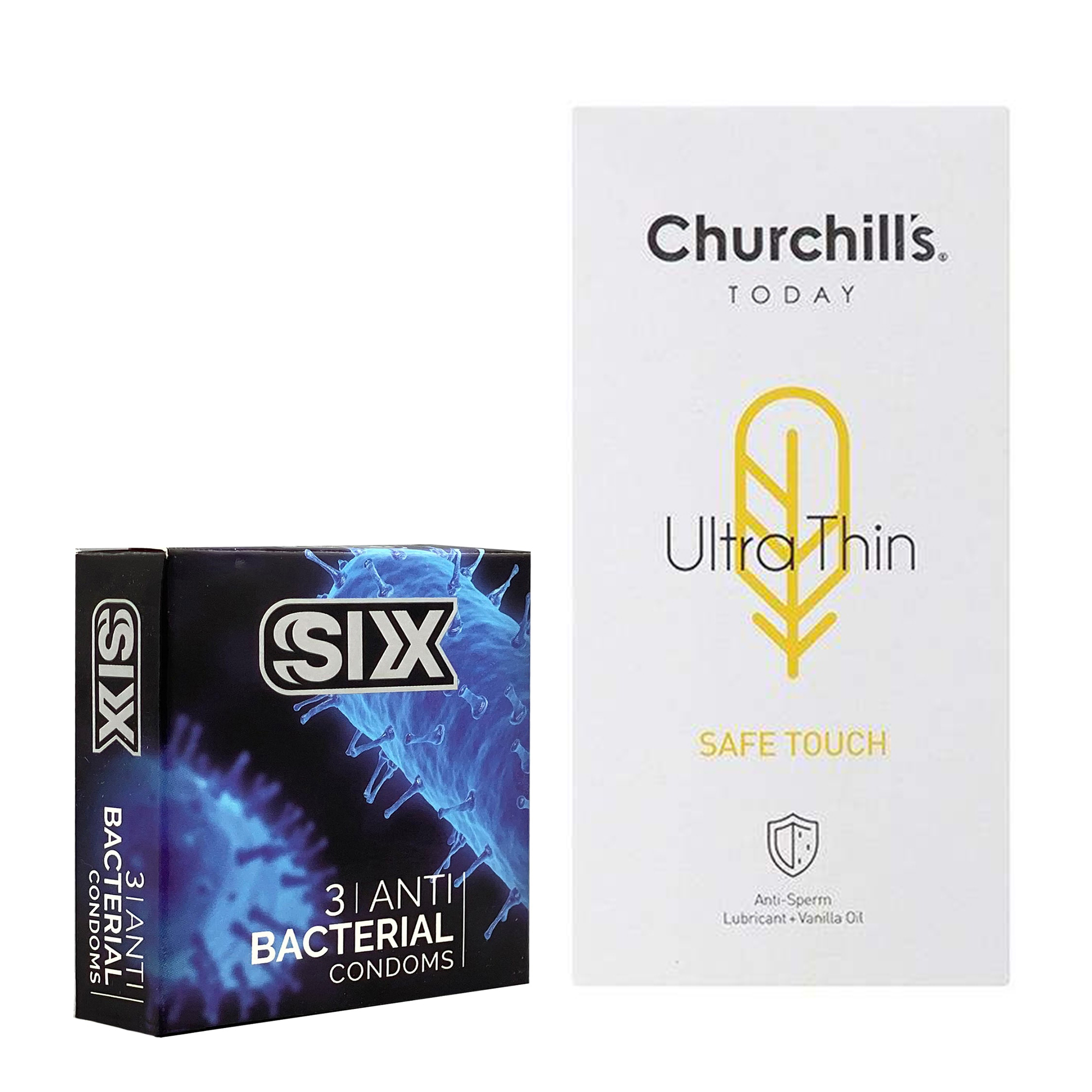 کاندوم چرچیلز مدل Safe Touch بسته 12 عددی به همراه کاندوم سیکس مدل آنتی باکتریال بسته 3 عددی 