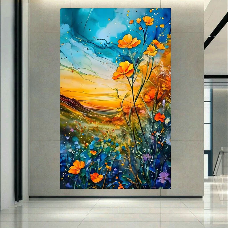 پوستر پارچه ای طرح مخمل نقاشی غروب مدل گلها AR304931