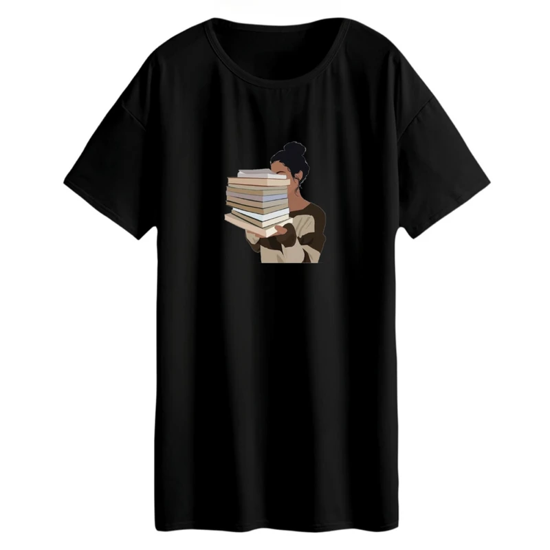 تی شرت لانگ زنانه مدل دختر و کتاب کد 2