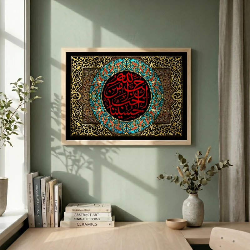 تابلو طرح احب الله من احب حسینا مدل G13740 فریم کرم روشن
