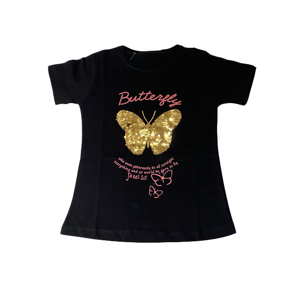 تی شرت آستین کوتاه دخترانه مدل پروانه پولک برگردون کد dc358