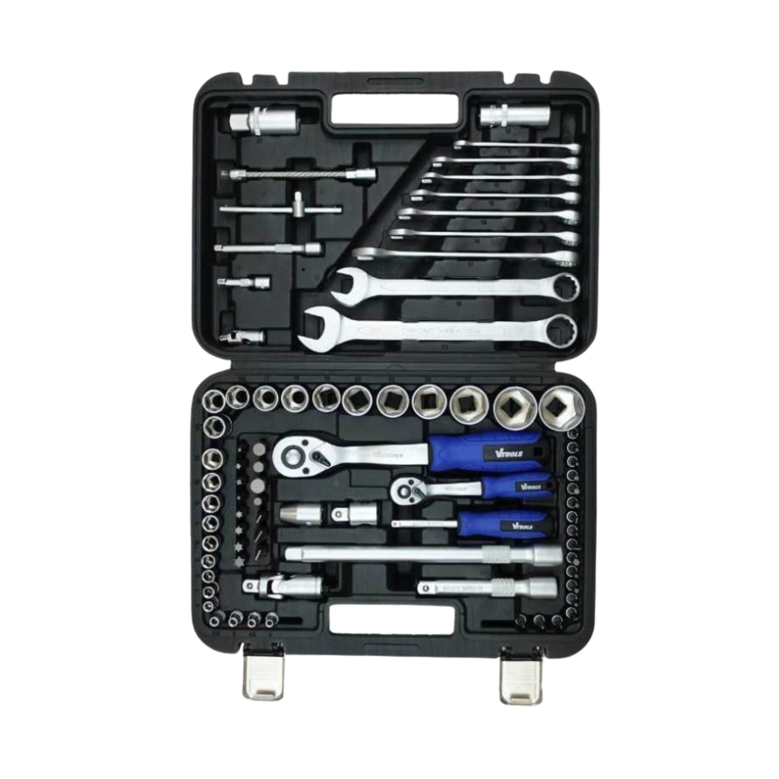 آچار بکس و آچار یک سر تخت یک سر رینگی وی تولز مدل VT5104 سایز 8 تا 32 میلی‌متر مجموعه 82 عددی