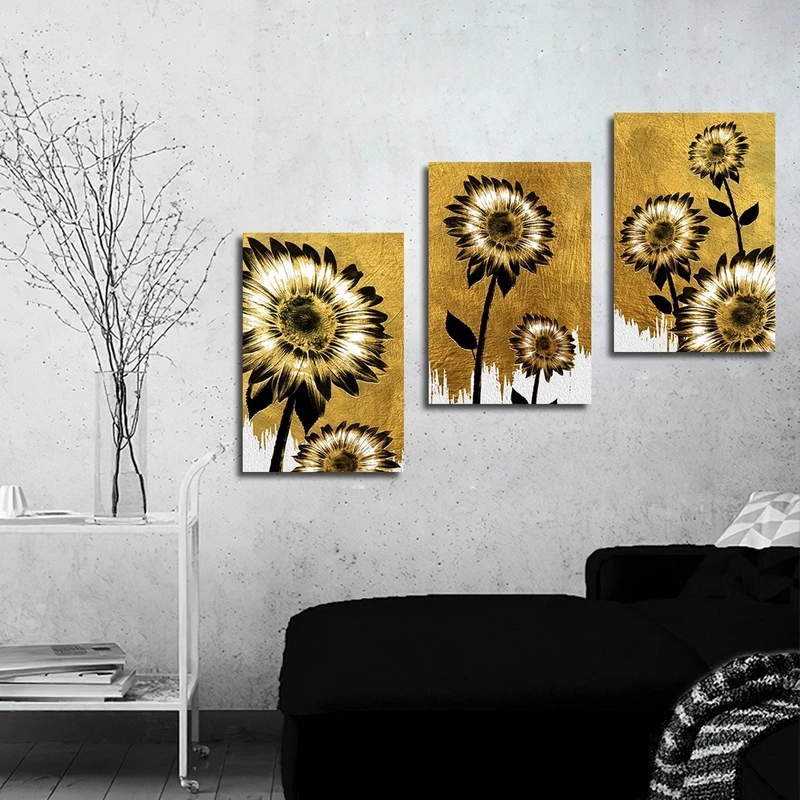 تابلو شاسی بکلیت طرح گل آفتابگردان طلایی مدل SH-2466 مجموعه 3 عددی