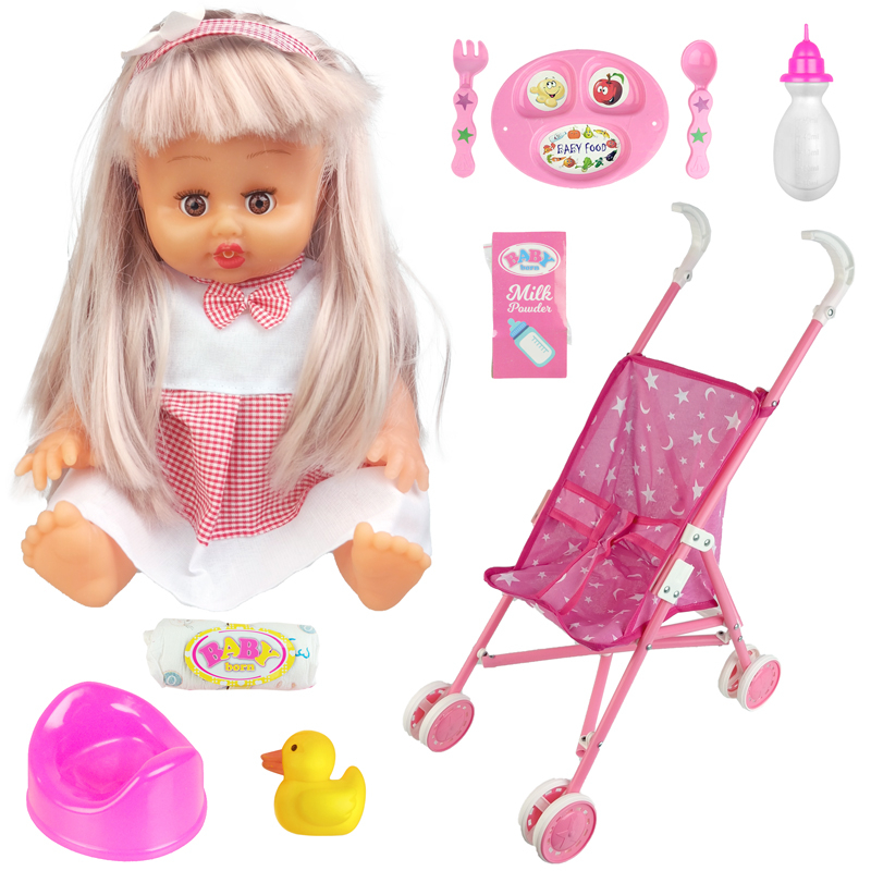 ست هدیه عروسک بیبی بورن مدل موزیکال BABY born طرح کالسکه دار کد MV655 ارتفاع 33 سانتی متر مجموعه 10 عددی