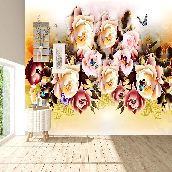 پوستر دیواری سه بعدی مدل گل رنگی زمینه ابر و بادی DVRF2364