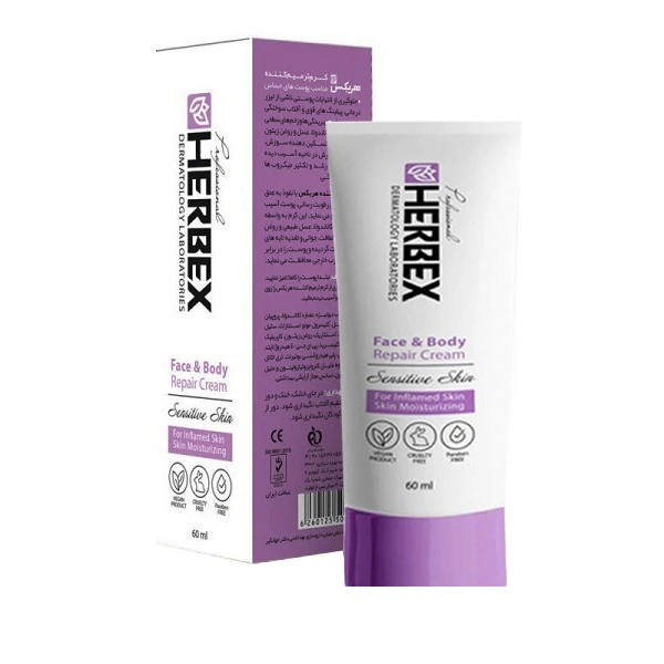 کرم ترمیم‌کننده صورت و بدن هربکس مدل Sensetive مناسب برای پوست حساس حجم 60 میلی‌لیتر