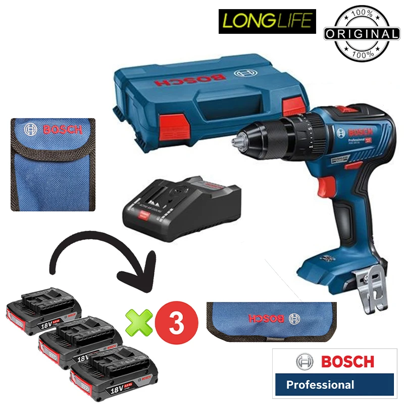 عکس شماره 3 : دریل شارژی چکشی 18 ولت بوش مدل حرفه ای gsb 18 v-50 ec 3 battery 2 ah