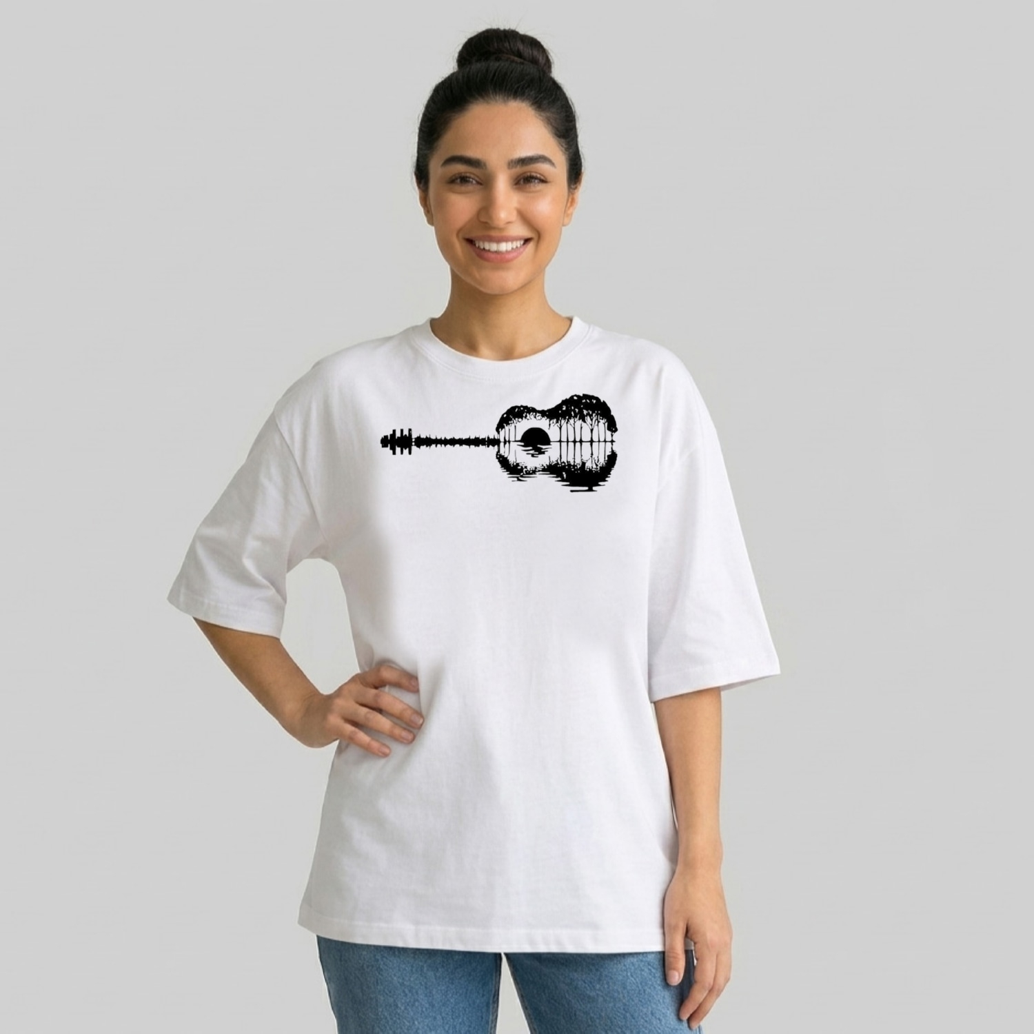 تی شرت آستین سه ربع زنانه مدل باکسی طرح گیتار کد v5