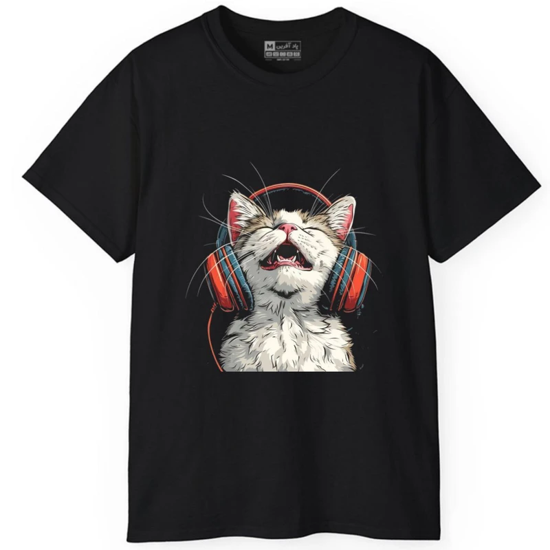 تی‌شرت آستین کوتاه مردانه پاد آفرین مدل حیوانات گربه هدفون موسیقی کد 2014
