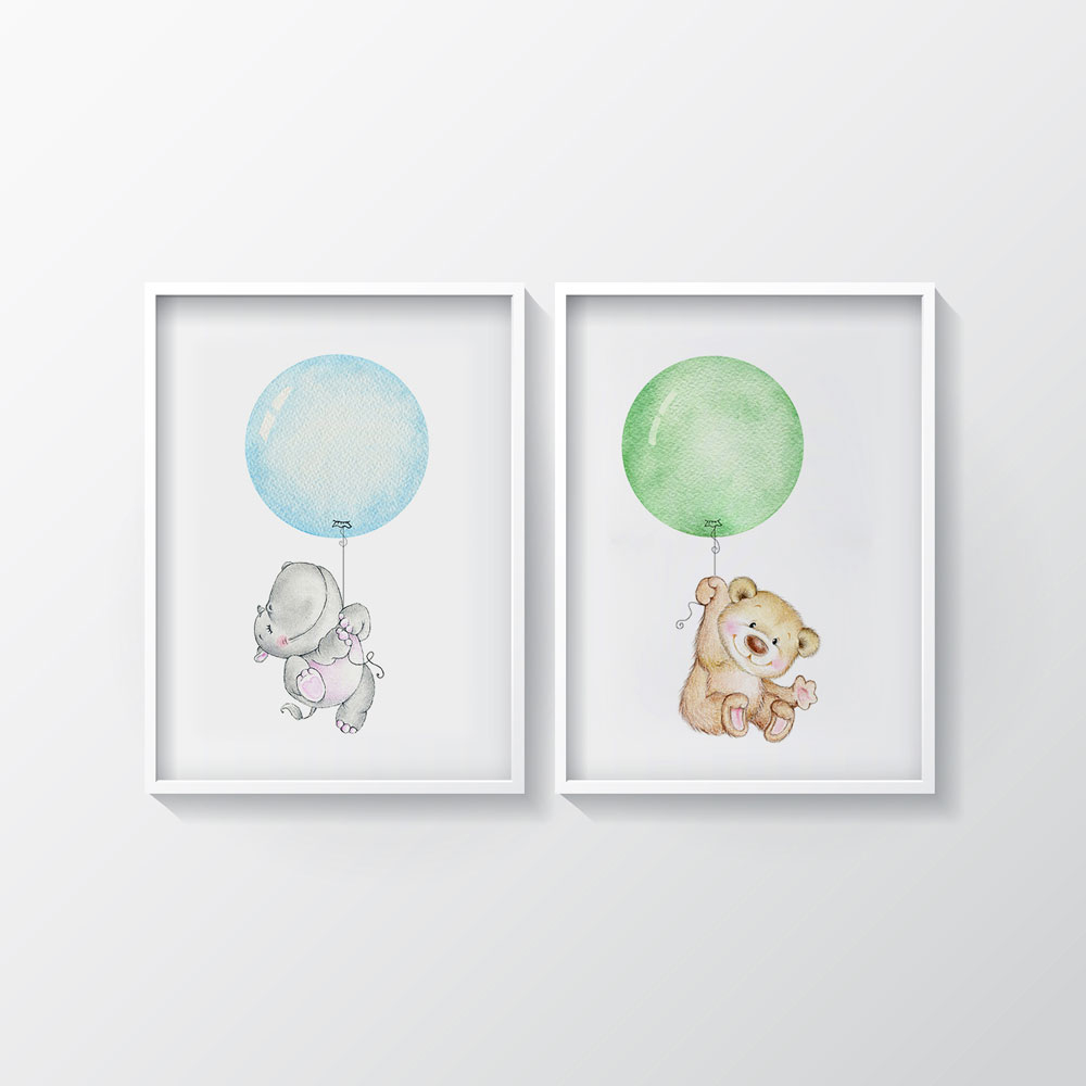 تابلو کودک سالی وود طرح خرس و اسب آبی با بادکنک کد T112301 مجموعه 2 عددی