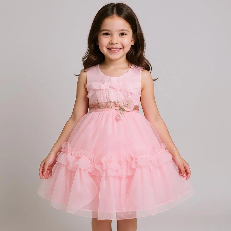 پیراهن بدون آستین یقه گرد دخترانه مدل 36035 رنگ صورتی