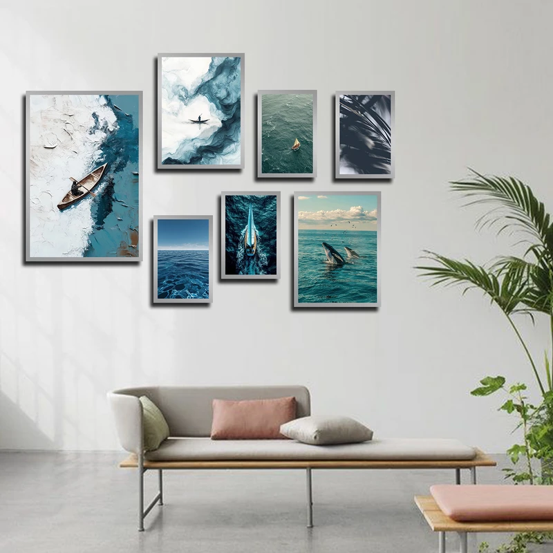 تابلو بکلیت طرح دریا و قایق و دلفین مدل SI-3433 فریم نقره ای مجموعه 7 عددی