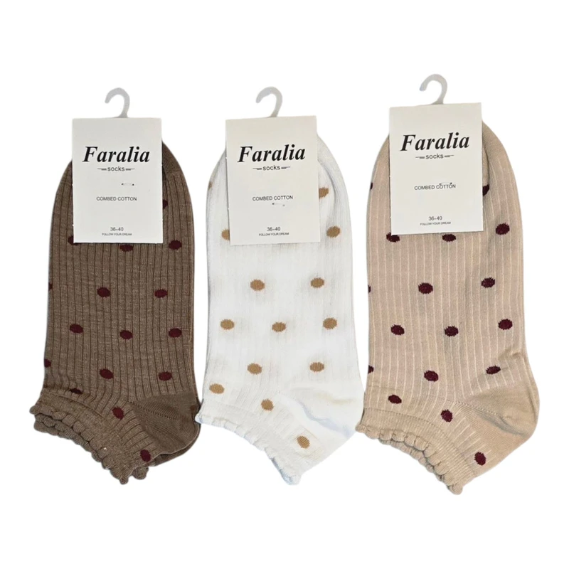 جوراب ساق کوتاه زنانه مدل خال خالی لبه چین دار بسته 3 عددی