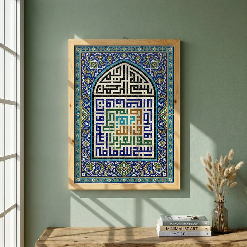 تابلو طرح کاشی کاری سبح لله مدل G15378 فریم کرم روشن