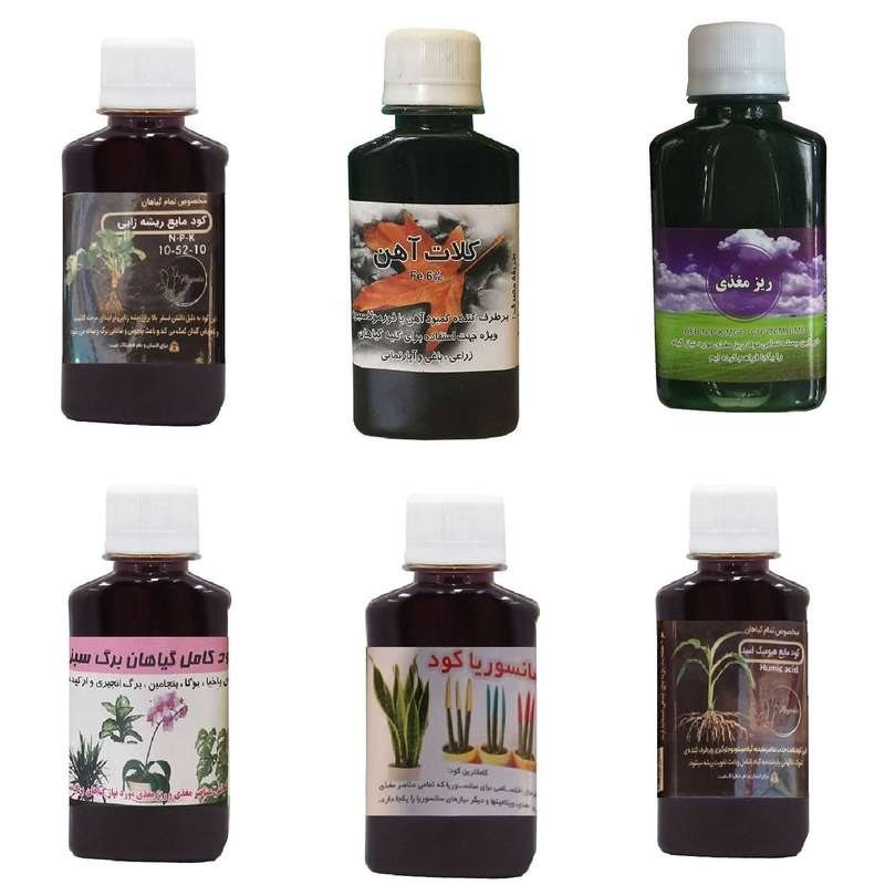 کود مایع فسفر ریشه زایی 10-52-10 و کلات آهن و ریز مغذی و کود گیاهان برگ سبز و کود سانسوریا و هیومیک اسید مدل life drop حجم 120 میلی لیتر