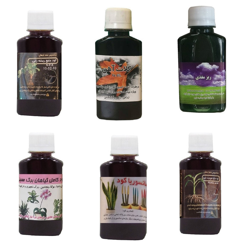 کود مایع فسفر ریشه زایی 10-52-10 و کلات آهن و ریز مغذی و کود گیاهان برگ سبز و کود سانسوریا و هیومیک اسید مدل life drop حجم 120 میلی لیتر