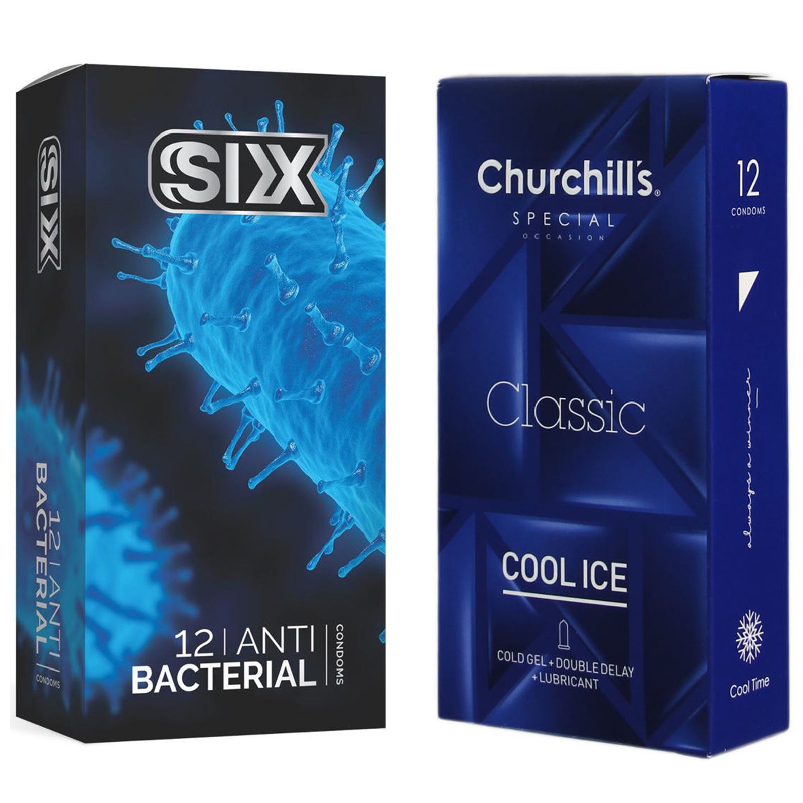کاندوم چرچیلز مدل Cool Ice بسته 12 عددی به همراه کاندوم سیکس مدل آنتی باکتریال بسته 12 عددی