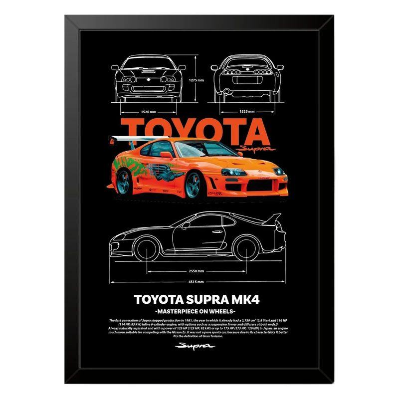 تابلو بکلیت طرح ماشین و خودرو تویوتا TOYOTA SUPRA MK4 مدل b-po1561 فریم مشکی