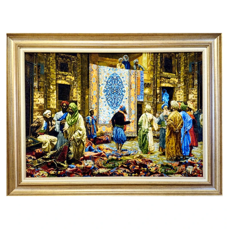 تابلو فرش دستباف طرح بازار قاهره برجسته چله ابریشم کد 3009