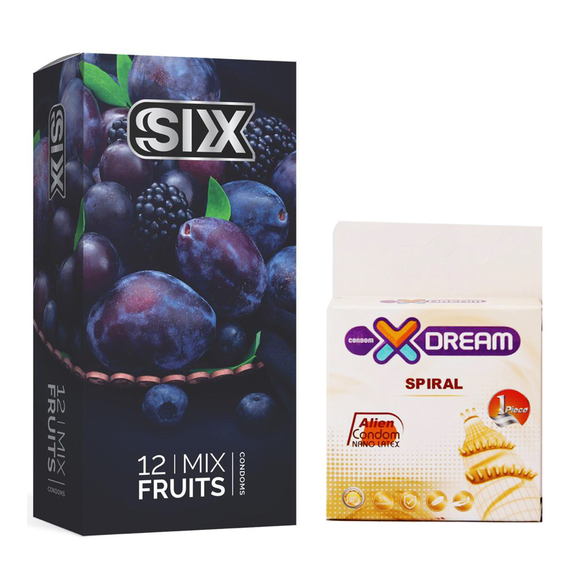 کاندوم سیکس مدل Mix Fruits بسته 12 عددی به همراه کاندوم ایکس دریم مدل Spiral