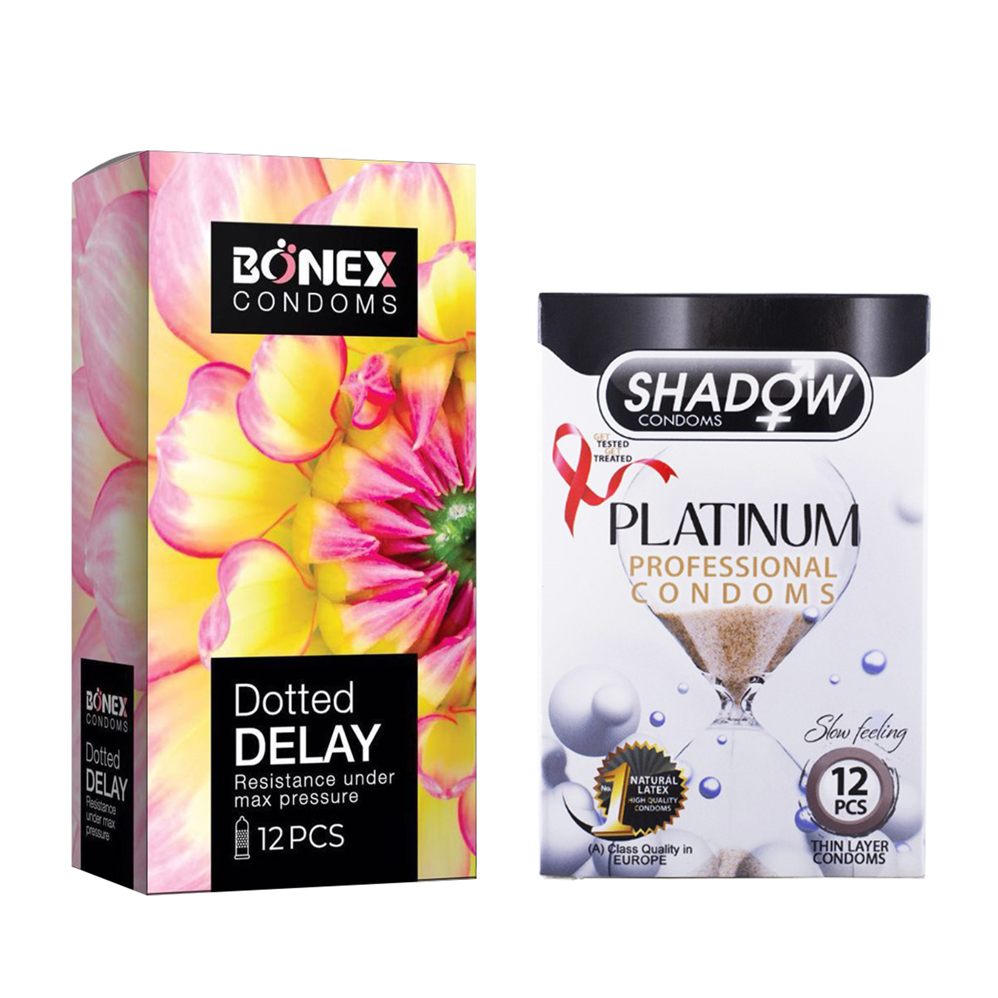 کاندوم بونکس مدل Dotted Delay بسته 12 عددی به همراه کاندوم شادو مدل Platinum بسته 12 عددی