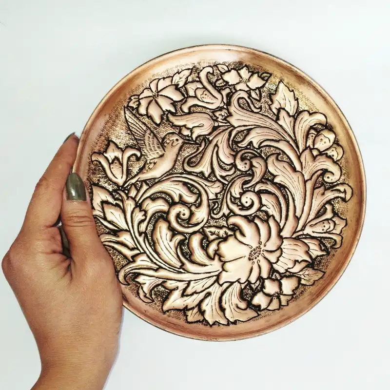 بشقاب قلمزنی طرح گل و مرغ