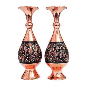 گلدان مسی مدل الماس تراش طرح گل و مرغ کد 25-3 مجموعه 2 عددی