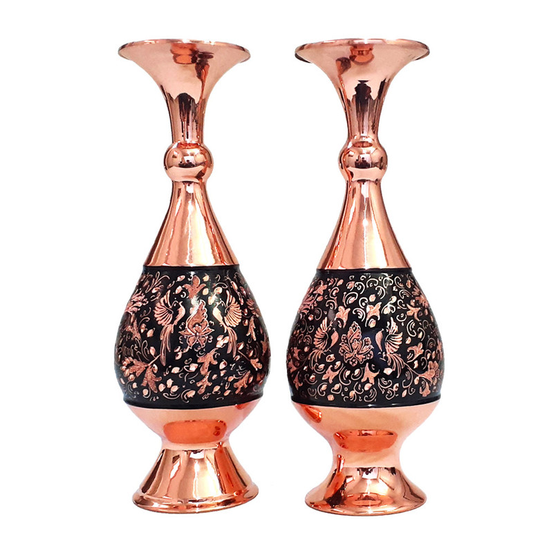 گلدان مسی مدل الماس تراش طرح گل و مرغ کد 25-3 مجموعه 2 عددی